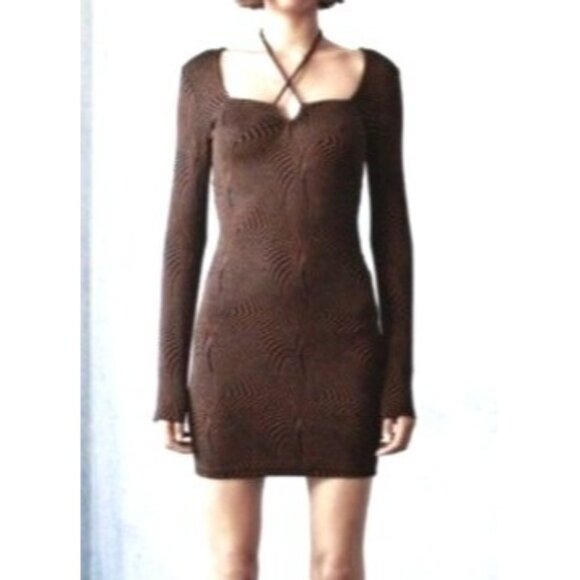 Zara Brown & Black Swirl Print Long Sleeve Mini Dress with Peek Hole Front Large - Picture 1 of 16